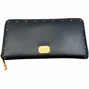 RALPH LAUREN Black Studded Pebbled Leather Large Zippered Wallet Women’s